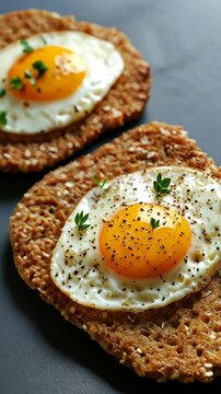 Delicious toasted oat cakes topped with sunny side up eggs and fresh herbs served on a dark plate