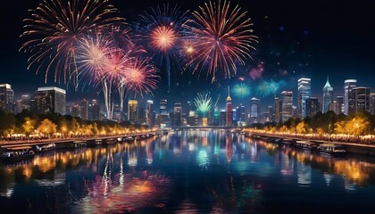 Naklejka premium Spectacular Fireworks Display Over City Skyline at Night, River Reflections, Vibrant Celebration