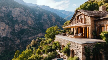 Obraz premium Serene Countryside Resort Nestled in Rugged Mountain Landscape A Peaceful Escape Amidst Stone Cottages and Panoramic Vistas