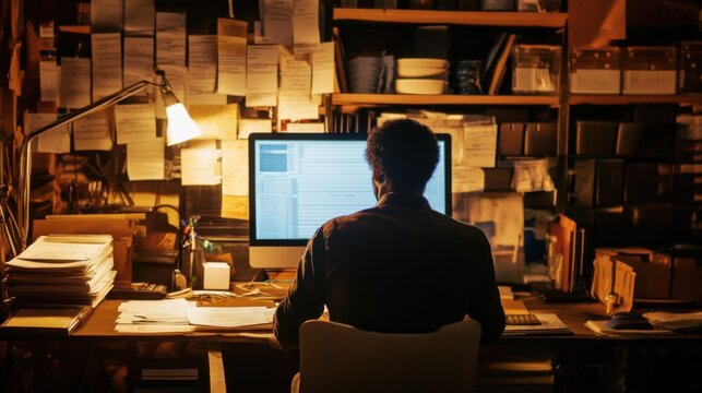 Small business owner working late to manage inventory, with a computer and product sheets spread out