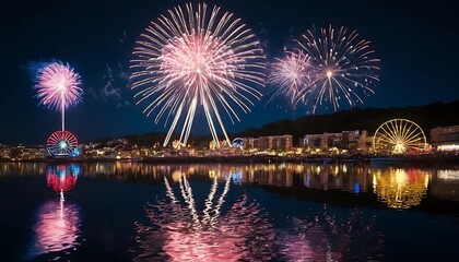 Fototapeta premium Spectacular Nighttime Fireworks Display Over City Waterfront with Ferris Wheels