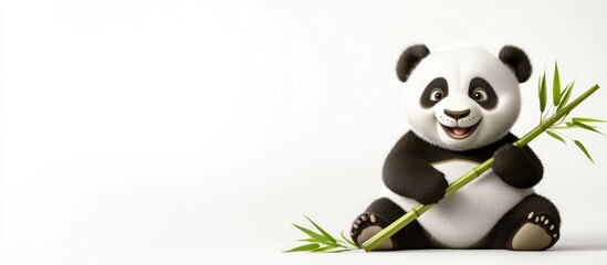 Obraz premium A smiling cartoon baby panda holding a bamboo stick, white background 