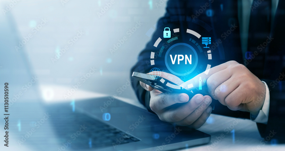 Poster vpn secure connection technology. remote server and private internet network to protect privacy pers