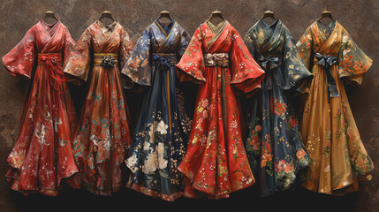Fototapeta premium Traditional Celebration Attire Kimonos Hanging On Wall Cultural Heritage Fashion Artistry Colorful Textiles Elegant Designs Fine Art Photography Market Industry Creative Professional Commercial