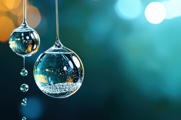 Fototapeta premium chemical and steel, production concept. Droplets of water hanging, reflecting light against a blurred background.