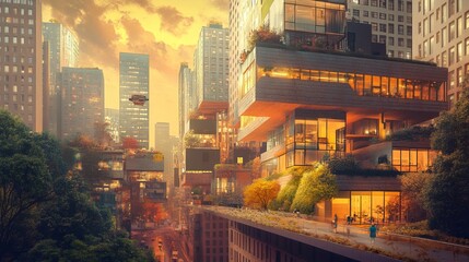 Fototapeta premium Futuristic city skyline, rooftop gardens, warm sunset.