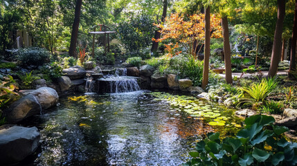 Obraz premium Beautiful waterfall garden feature in a pond in the park surrounded by lush vegetation