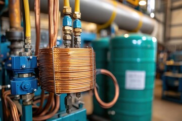 chemical and steel, production concept. Industrial machinery with copper coils and tanks in a factory setting.