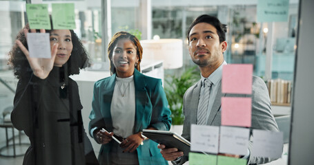 Moodboard, teamwork and scrum with business people in office for meeting, schedule and project...