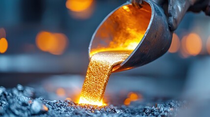 chemical and steel, production concept. Pouring molten metal in a foundry with glowing embers in the background.