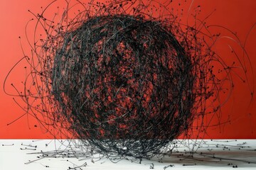 Tightly knotted black lines with small, jagged red edges, illustrating feelings of entrapment and worry