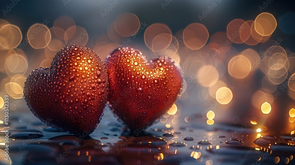 Poster two glistening red hearts covered in dew drops placed closely together on a wet surface, surrounded 