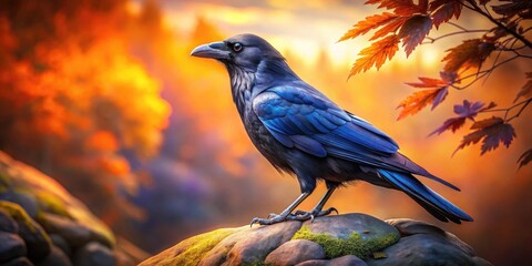 Naklejka premium AI art: a stunningly realistic raven perched on a rock, in a dark studio setting.