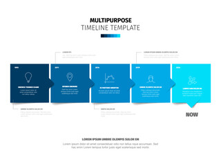 Obraz premium Multipurpose square blue blocks time line template with sample text content and icons on white background. Simple infochart for company history visualization