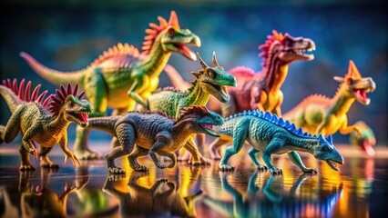 Fototapeta premium Capture prehistoric playtime: long exposure images transform dinosaur toys into epic scenes.