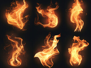 Fototapeta premium collection abstract flame isolated black background. concept of effect texture ablaze, graphic design bonfire, blaze at night. burn of fire sizzling, danger explosion 