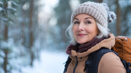 Fototapeta premium A smiling woman in warm winter attire stands in a snowy forest, suggesting adventure and resilience, Ideal for promoting outdoor activities, travel, or winter apparel,
