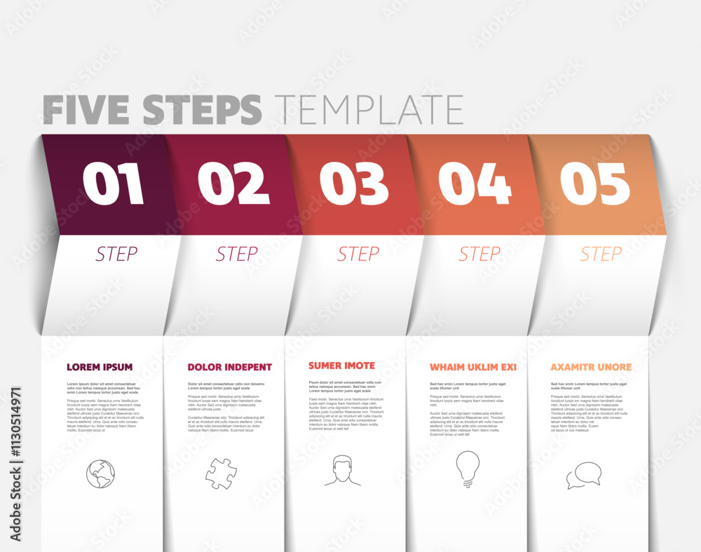 Poster five steps progress process infographic layout template with big numbers icons text content and pape