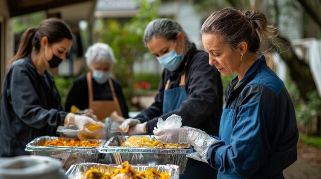 A dedicated team of volunteers prepares and packages nutritious meals for delivery to families in need, showcasing compassion and teamwork in a community garden setting