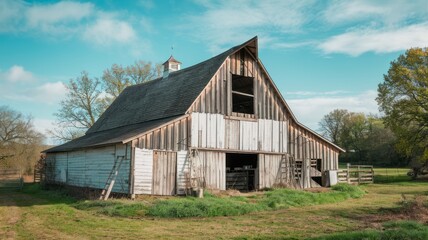 Obraz premium Country cottage in vibrant green fields under blue summer skies