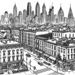 cityscape, tall skyscrapers, historic buildings, waterfront boats, modern and classic architecture sketch engraving generative ai vector illustration. Scratch board imitation. Black and white image.