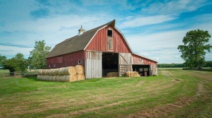 Obraz premium Country cottage in vibrant green fields under blue summer skies