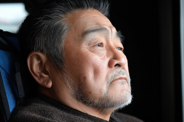 Obraz premium Thoughtful elderly Asian man gazing out window with soft lighting