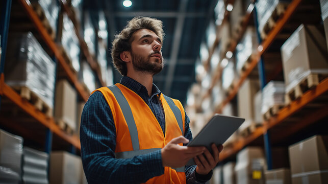 Young Caucasian man in warehouse managing inventory with digital tablet