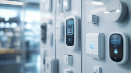 White smart home devices, wall-mounted display.