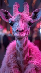 Giraffe in Pink Faux Fur Coat, Night Setting, Close-Up Portrait