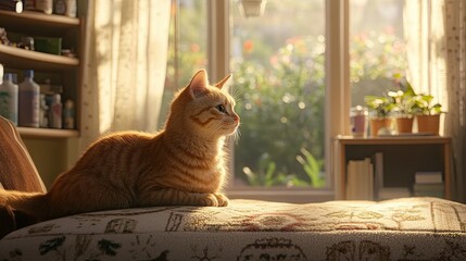 Orange Tabby Cat Resting on Upholstered Furniture by Sunlit Window