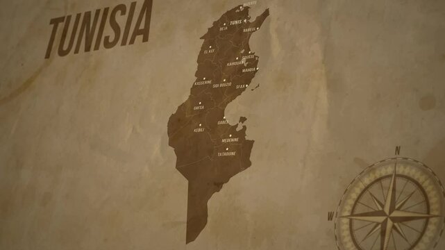 Vintage Map of Tunisia with states Borders and Major Cities Positions
