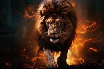 Majestic Lion Walking Towards the Viewer Amidst Fiery Background