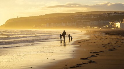 Naklejka premium Family Bonding on Serene Beach at Sunset with Gentle Waves