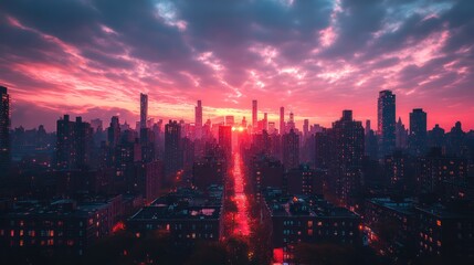 Obraz premium Vibrant city skyline at sunset, aerial view.