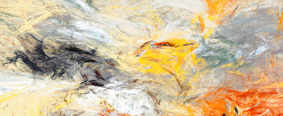 Bright artistic splashes. Abstract yellow, grey and orange paint pattern. Dynamic color background. Fractal artwork for creative graphic design