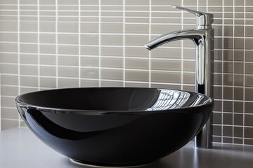 Stylish black ceramic round vessel sink and chrome faucet near grey tiled wall. Minimalist interior design of modern bathroom