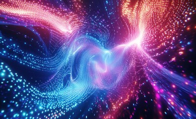 Fototapeta premium Abstract swirling cosmic nebula with vibrant pink, blue, and orange glowing particles.