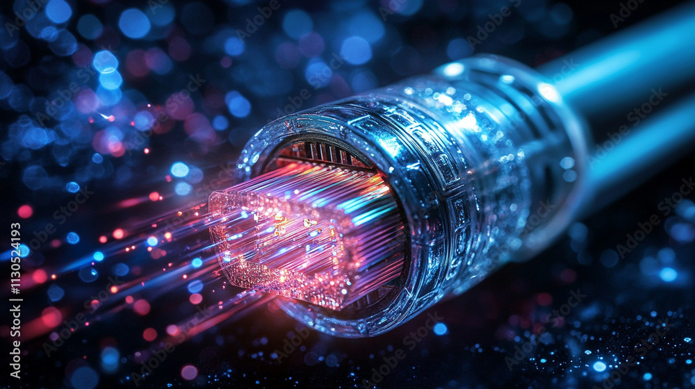 Poster ai generates closeup of fiber optic cable emitting multicolored light technology lab image dynamic s