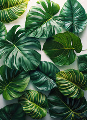 Obraz premium Tropical leaves on a white background. Fresh, vibrant green foliage with unique monstera leaf shape. top view.
