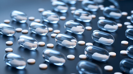 A close-up view of an array of transparent capsules and white tablets scattered across a dark surface, showcasing the diversity and form of pharmaceutical products.