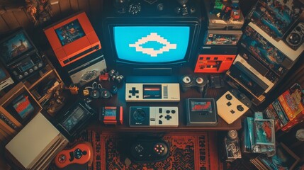 Fototapeta premium A top-down view of a retro gamer setup, with a collection of vintage gaming consoles, AI Generative.