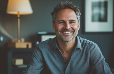 Obraz premium A cheerful man sits at a contemporary desk, showing a warm smile. The office has a sleek design with soft lighting and tasteful decor, creating an inviting atmosphere