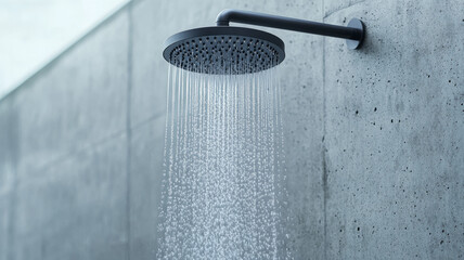 Modern showerhead with water in a concrete bathroom