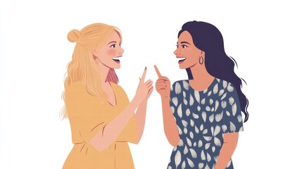 Fototapeta premium Two women are happily talking and laughing, pointing at each other playfully. They are dressed in colorful, relaxed outfits, reflecting a cheerful atmosphere