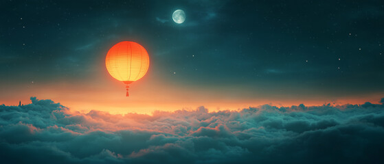 Illuminated Lantern Above Clouds at Night.