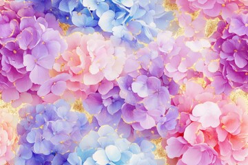Seamless pattern with vibrant watercolor flowers in pink, blue, and purple tones with golden accents on a white background, elegant floral decoration concept
