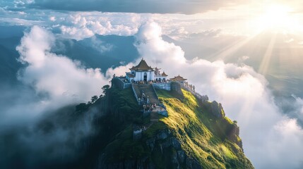 Fototapeta premium A stunning temple perched on a mountain peak is illuminated by the golden rays of sunrise. Visitors gather to enjoy the breathtaking scenery and serene atmosphere amidst the clouds