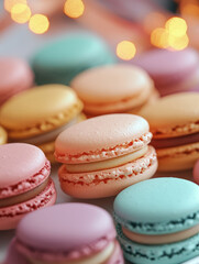 Fototapeta premium Colorful macarons with pastel bokeh lights.