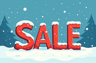 word SALE in red letters covered with snow, light blue background, snowflakes, fir silhouettes in background. winter sale, Christmas discount, holiday shopping, special offer, winter retail concept.